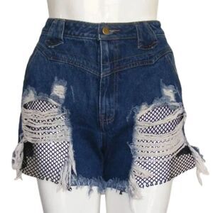Nude Label Denim Shorts, L, Blue cut-offs, Fish net inserts, Distressed, Frayed